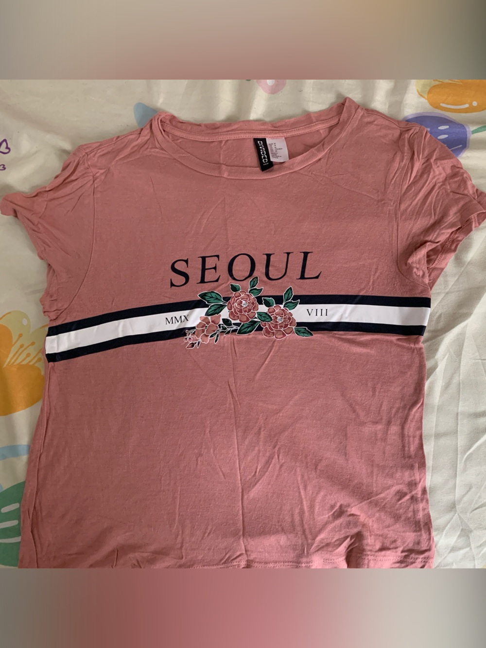 H&M Pink 'Seoul' Floral Striped Short Sleeve Tee